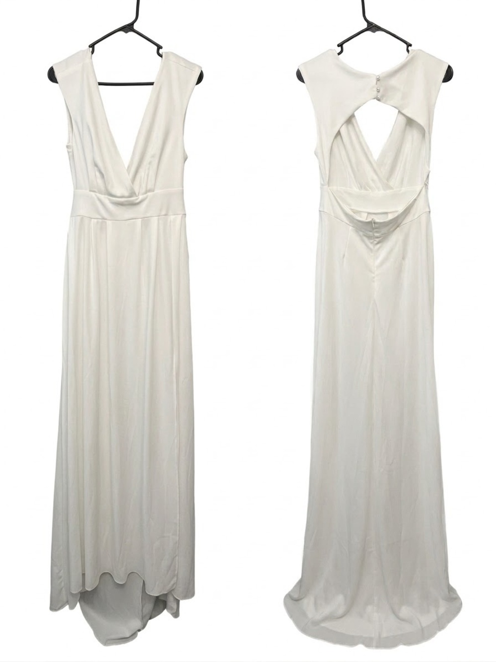 NWOT Elegant White V-Neck Backless Cutout Maxi Dress with Train XL